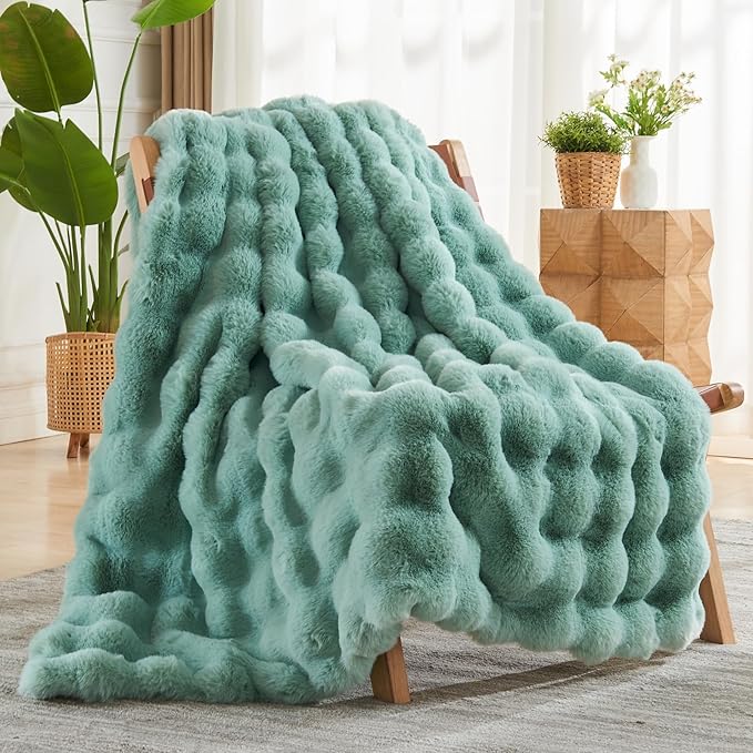 NEWCOSPLAY Faux Fur Throw Blanket Sage Green Luxury Fluffy Thick Warm Bubble Blanket for Couch Sofa Bed 1000GSM (New Sage Green Bubble Thick, Throw(50"x60"))