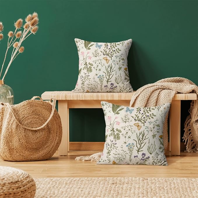 AEIOAE Spring Pillow Covers 24x24 Inch Set of 2,Sage Green Wild Flower Plant Throw Pillows Case,Seasonal Floral Outdoor Decorative Square Linen Farmhouse Decor Cushion Covers for Home Sofa Bed Couch