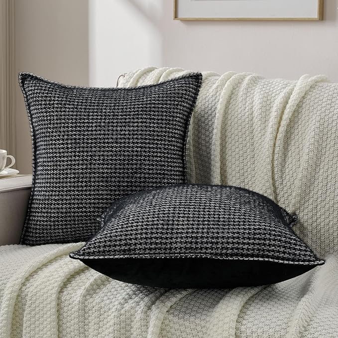 FUTEI Black Decorative Throw Pillow Covers 20x20 Inch Set of 2,Soft Houndstooth Gingham Textured Cushion Case,Modern Home Decor for Couch Bed Living Room