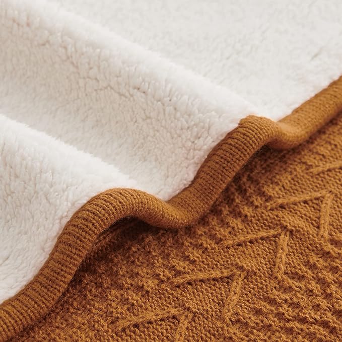 Longhui bedding Burnt Orange 50 x 63 Inches Acrylic Cable Knit Sherpa Throw Blanket - Thick, Soft, Big, Cozy Knitted Fleece Blankets for Couch, Sofa, Bed - Large Coverlet All Season