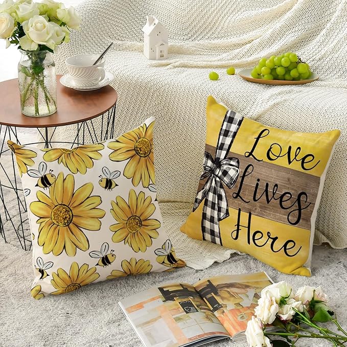 AVOIN colorlife Home Sweet Home Bee Sunflower Throw Pillow Covers, 16 x 16 Inch Love Lives Here Spring Summer Stripes Cushion Case for Sofa Couch Set of 4