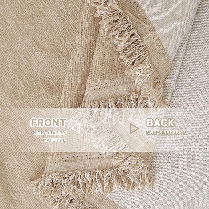 HANDONTIME Khaki Sofa Cover for Couch, Couch Slipcover with Non-Knot Tassels Sofa Cover for Dogs Washable, Simple Sofa Protector for Pets & Kids Chenille Cover Blanket Durable & Soft, 71"x150"