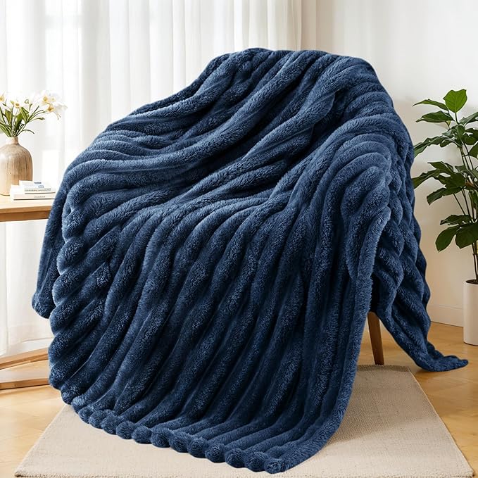 Exclusivo Mezcla Fleece Throw Blanket for Couch, Super Soft Striped Jacquard Bed Blanket, Lightweight Fuzzy Cozy for All Seasons, 50x60 Inches, Navy Blue