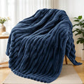 Exclusivo Mezcla Fleece Throw Blanket for Couch, Super Soft Striped Jacquard Bed Blanket, Lightweight Fuzzy Cozy for All Seasons, 50x60 Inches, Navy Blue