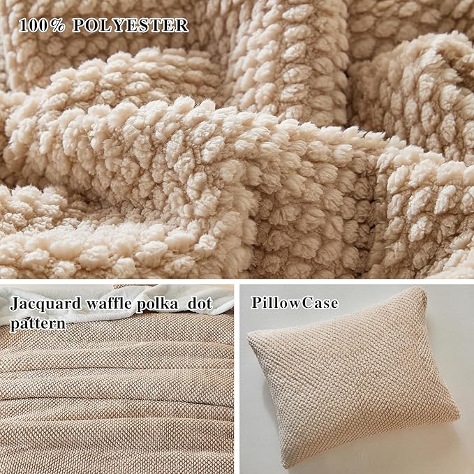 Luxury Flannel Fleece Sherpa Blankets King Size for Bed, Jacquard Boho 3-Layer Thick and Warm Blanket for Winter, Soft Cozy Fuzzy Plush Velvet Blanket with 2 Pillow Cases, Khaki, 102x88 Inches