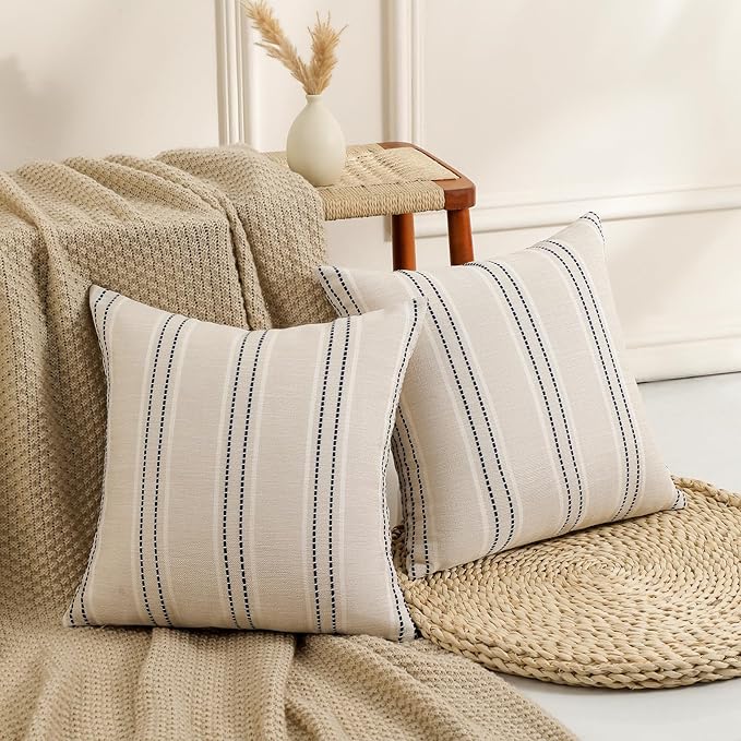 Hckot Decorative Navy Pillow Covers 18x18 Striped Throw Pillows Textured Linen Pillow Covers Farmhouse Decor Cushion Covers for Couch Bed Living Room, Navy