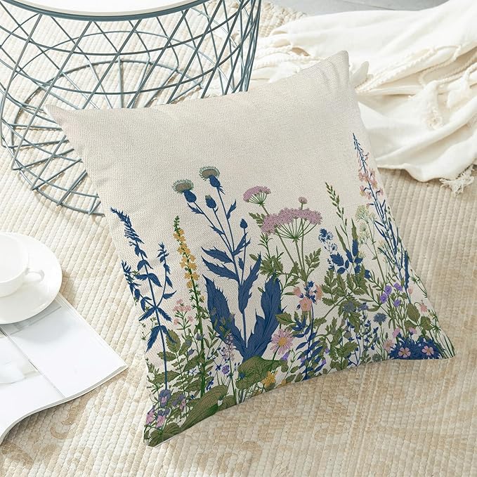 AEIOAE Navy Blue Teal Pillow Covers 22x22 Inch Set of 2, Spring Wildflower Plant Throw Pillows Case,Seasonal Floral Outdoor Decorative Flowers Farmhouse Decor Cushion Covers for Home Sofa Bed Couch