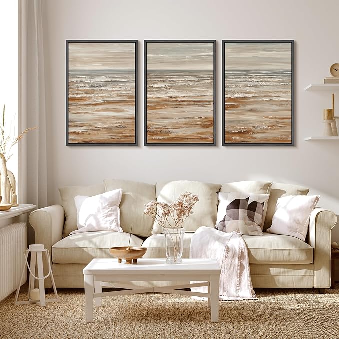 MUDECOR Framed Wall Art Print Set Neutral Coastal Seascape Minimalist Ocean Waves and Sandy Shore Illustrations Modern Art Boho Decorative for Living Room, Bedroom, Office - 24"x36"x3 BLACK