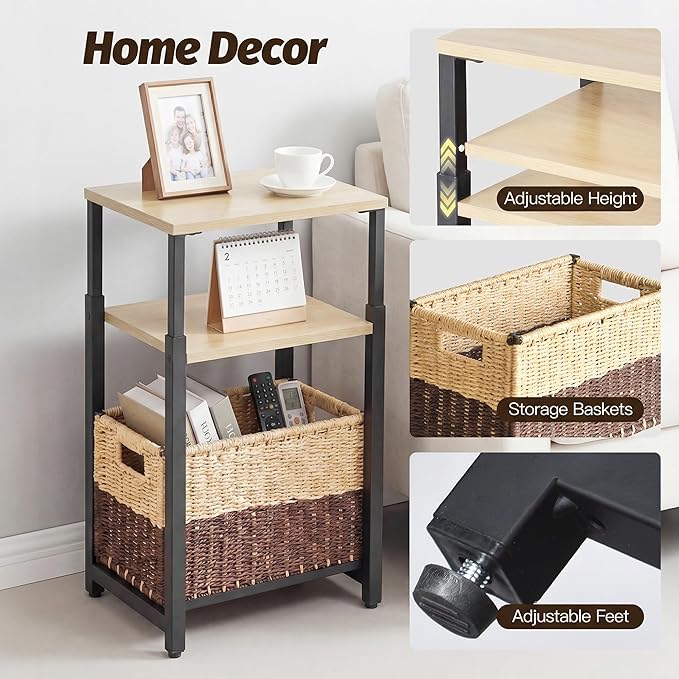 Side Table with Storage Basket and Adjustable Height, Small End Table with Modern Design for Living Room, Bedroom Nightstand Bedside Table for Small Spaces (Light Brown + Classic Black)