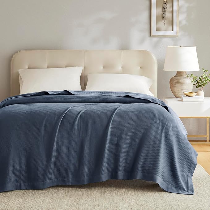 Madison Park 100% Egyptian Cotton Lightweight Summer Blanket, Breathable Waffle Knit Design, Soft Cozy All-Season Throw for Bed, Couch or Sofa, Blue Full/Queen Size (90"x90")