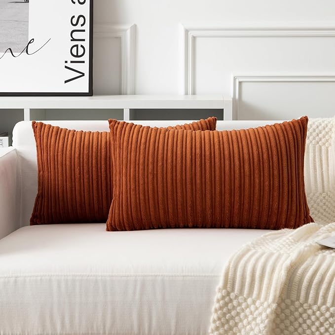 UGASA Fall Velvet 12x20 Inch Lumbar Soft Throw Pillow Covers Decorative Corduroy Striped Both Sides Solid Rectangular Cushion Cases Boho Farmhouse for Couch Bedroom Sofa Home, Pack of 2, Burnt Orange