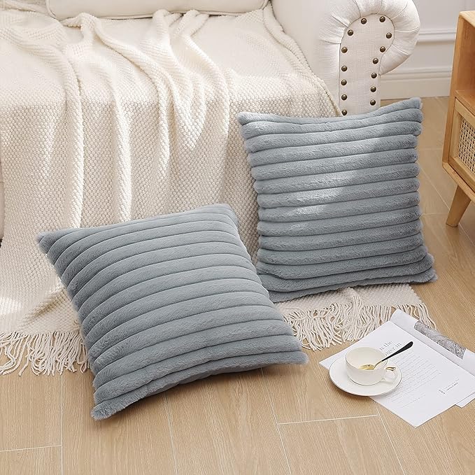 Pallene Faux Fur Plush Throw Pillow Covers 20x20 Set of 2, Luxury Soft Fluffy Striped Decorative Pillow Covers for Sofa, Couch, Living Room, Grey