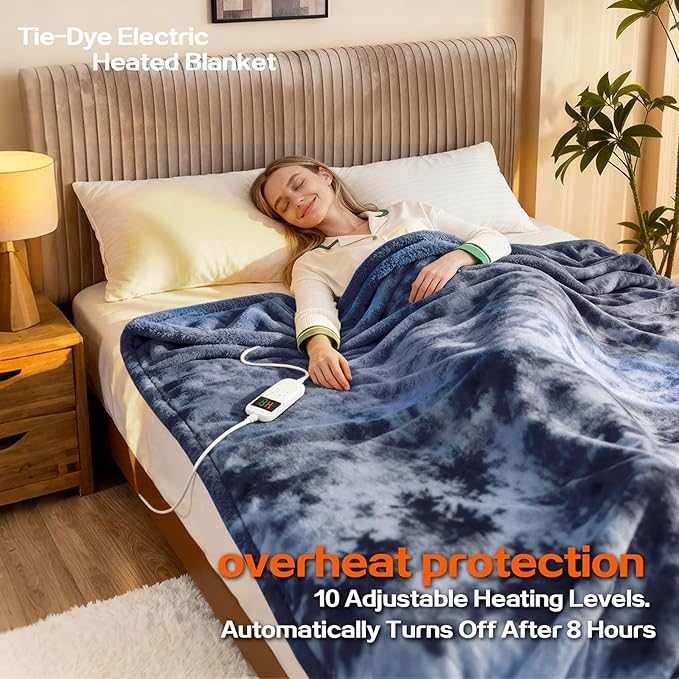 Electric Heated Blanket Full 72''x84''Size Faux Fur Heating Blanket 10 Heating Settings, 1-8h Timer & Overheat Protection, Machine Washable, Soft Flannel and Sherpa Full Body Warmth