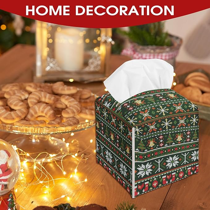 Retro Christmas Tissue Box Cover Holder, Christmas Trees and Snow Tissue Box Cover Leather, Xmas Gift Ideas for Family Friends, Bathroom Kitchen Car Office Home Table Decor(5.2 Inches)-B15