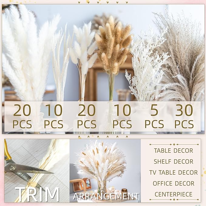 floradream 95 PCS Natural Pampas Grass Decor Bouquet | Boho Dried Floral Arrangement Centerpiece Table Decor Wedding Decor Rustic Decor, Natural, white, beige (Fdm-b-01)