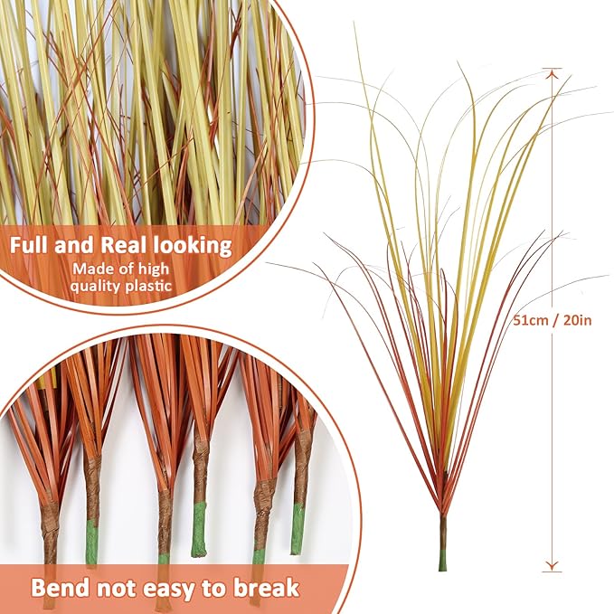 24 Bundles Artificial Fall Plants Outdoor Fake Shrubs Autumn Wheat Grass 20 Inch Fall Greenery Stems Tall Onion Grass UV Resistant Faux Bushes Plant for Garden Farmhouse Thanksgiving Fall Decor