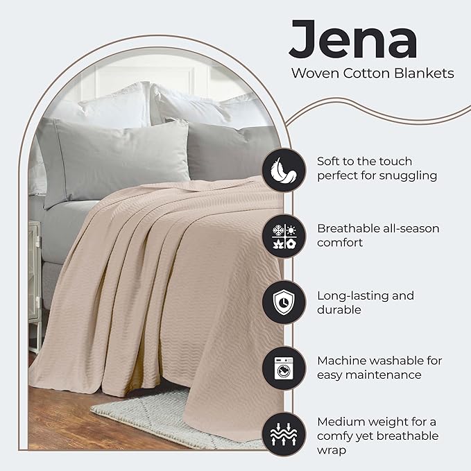 Superior JENA Cotton Blanket, for Picnic, Beach, Traveling or Camping, Bedroom Decor, Essentials, Cover for Bed, Couch, Lounging, Textured Jacquard, Modern Chevron Woven Blanket, Full/Queen, Khaki