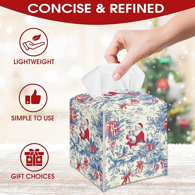 Blue Chinoiserie Tissue Box Cover Leather, Christmas Santa Claus Tissue Box Cover Square, Xmas Gift Ideas for Family Friends, Bathroom Kitchen Car Office Home Table Decor(5.2 Inches)-B16