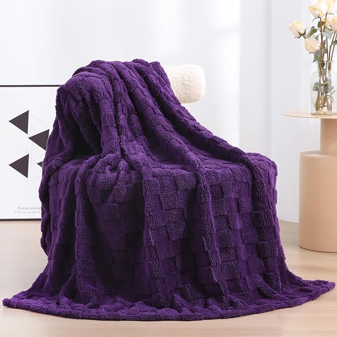 Deep Purple Fleece Throw Blanket 50”×60” for Couch Sofa Bed,Super Soft Cozy Plush Microfiber Flannel Blanket with 3D Checkered Design Lightweight for Adults,Woman,Girls