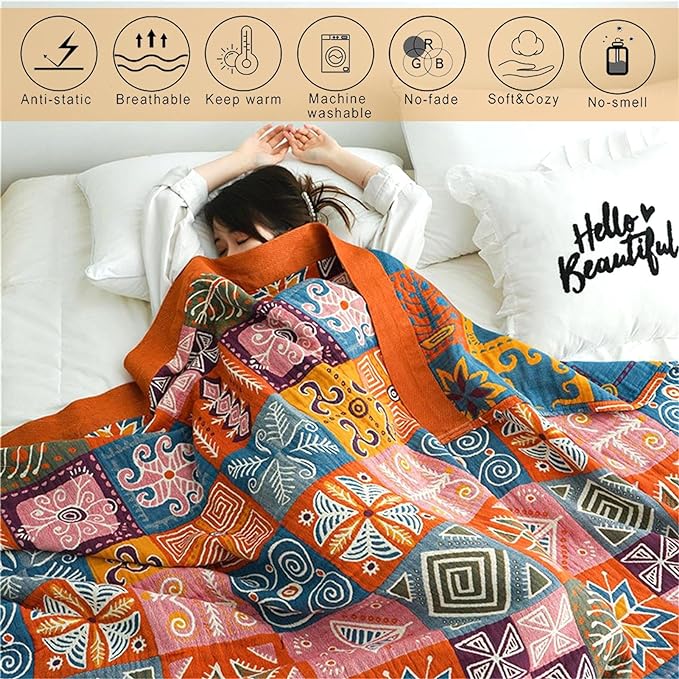 MSGKV Spring Cotton Throw Boho Blanket for Couch Bed, 80''x90'' Muslin Brathable Lightweight Travel Decor Blanket for Bedroom