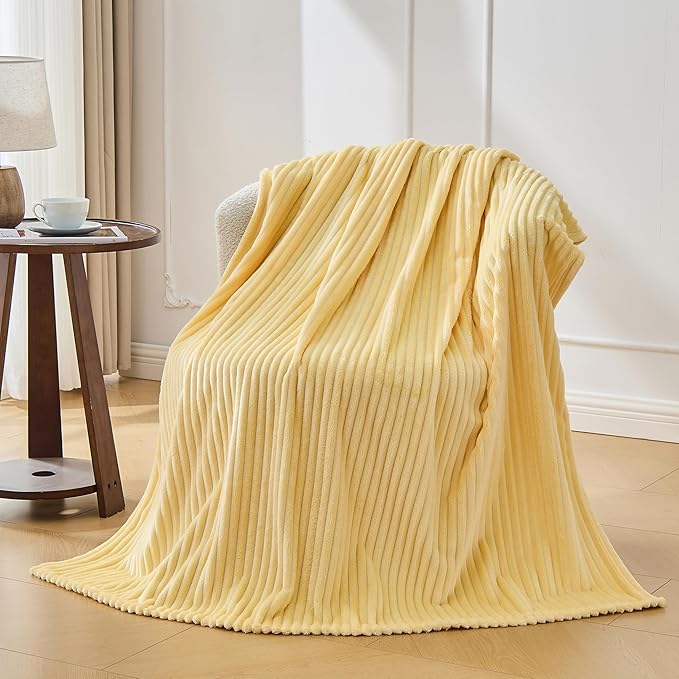 Bnuitland Light Yellow Fleece Throw Blanket for Couch, 300GSM Soft Warm Cozy Fluffy Throw for Adults & Kids, Stripe Pattern 50"x60", All Season Sofa Bed Blanket for Home Decor