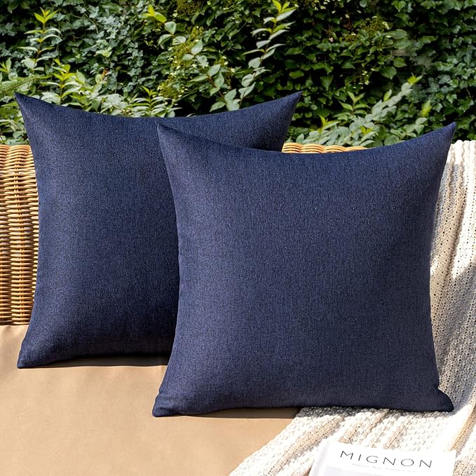 MIULEE Pack of 2 Decorative Outdoor Solid Waterproof Throw Pillow Covers Faux Linen Garden Farmhouse Cushion Cases for Summer Patio Tent Balcony Couch Sofa 20x20 Inch Navy