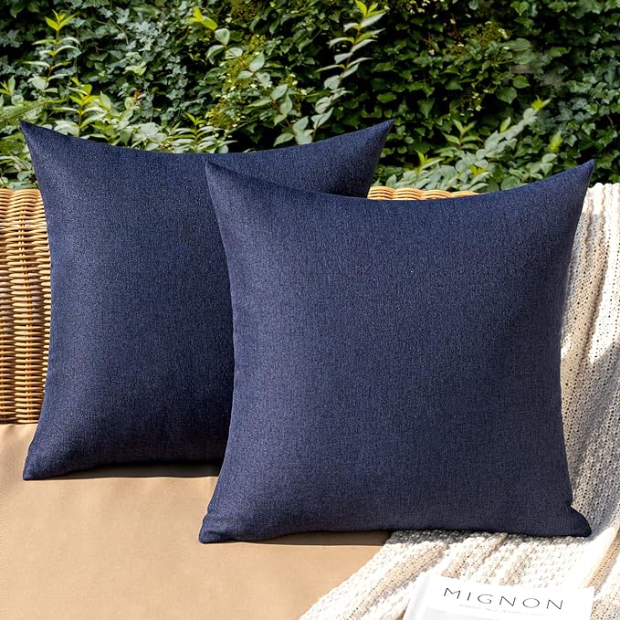 MIULEE Pack of 2 Decorative Outdoor Solid Waterproof Throw Pillow Covers Euro Sham Faux Linen Garden Farmhouse Cushion Cases for Summer Patio Tent Balcony Couch Sofa 26x26 Inch Navy
