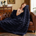 Faux Fur Throw Blanket for Couch, 850GSM Cozy Soft Plush Thick Striped Luxury Blanket for Sofa Living Room Bedroom,50 * 60 Inches, Navy Blue