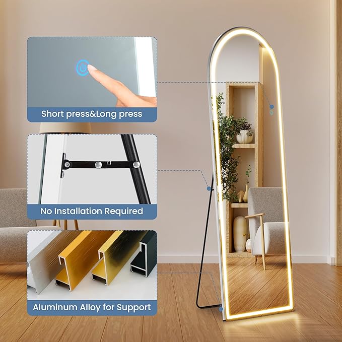 Mirror Full Length, Upgraded Body Wall Mirrors with Shatter-Proof Glass, Floor Standing, Hanging or Leaning, Tall Mirror with Stand Aluminum Alloy Frame for Bedroom
