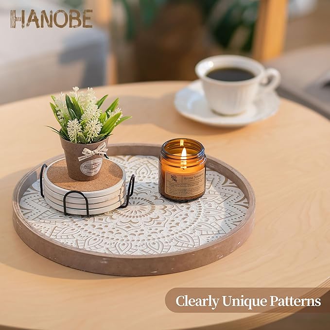 Hanobe Decorative Coffee Table Tray: Round Wood Trays for Boho Home Decor 12 Inch Rustic Farmhouse Centerpiece for Living Dining Room Ottoman Kitchen Counter Brown