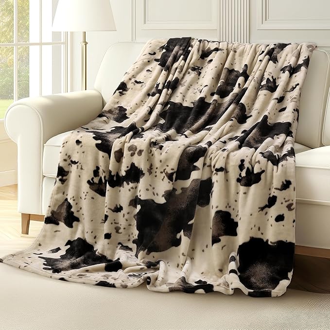 Cow Print Blanket Ultra Soft Flannel Throw Blanket for Couch Bed, Cute Cozy Lightweight All-Season Fleece Blanket Twin XL, Gift for Women & Girls, 66×90 Inches Brown