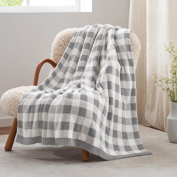 Snuggle Sac Buffalo Plaid Bedding Blanket Twin Size, Super Soft, Cozy Warm Knit Decorative Blankets, Reversible Plaid Fluffy Throws for Bed, Plaid Grey, 60x80 Inches