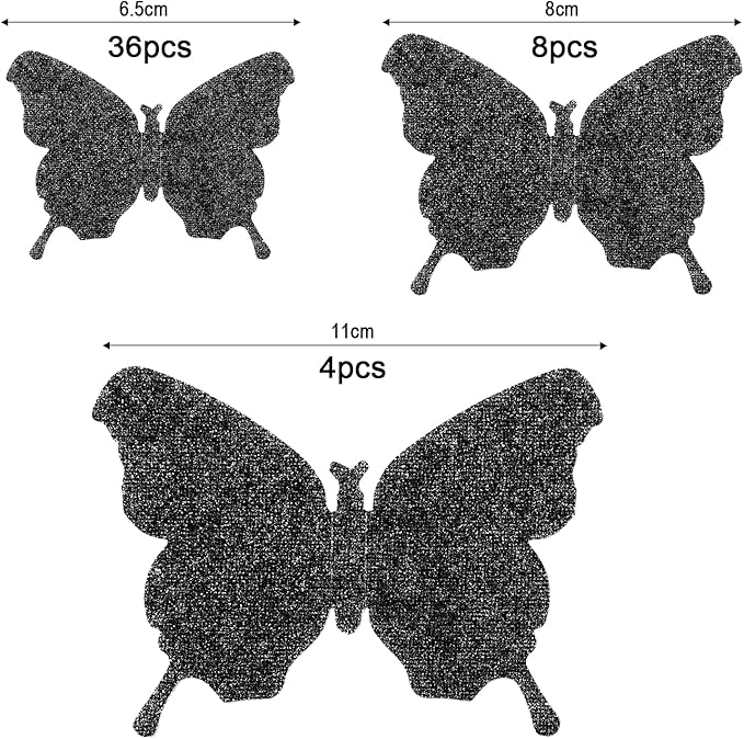 BBTO 48 Pieces Butterfly Wall Decor DIY 3D Mirror Butterfly Stickers Removable Decals Crafts for Birthday Party Bedroom School Bathroom Living Room Decor(Glitter Black)