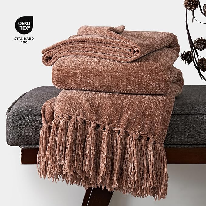 EverGrace Soft Chenille Throw Blanket for Couch, Cozy Plush Fuzzy Decorative Chenille Knit Throw Blanket with Tassels, Lightweight Blanket and Throws for Bed Sofa Gift Home Decor, Clay 50"x60"