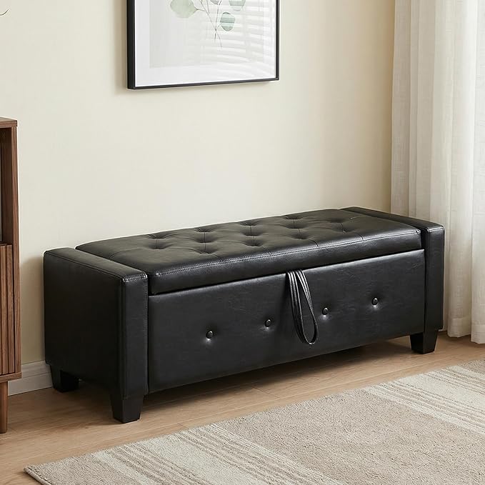 48" PU Leather Storage Ottoman Benches for Bedroom,Tufted Ottomans with Storage for Living Room,Mid Century Modern Bench with Seating for Entryway,Window,Bedside (PU Black, 48 inch)