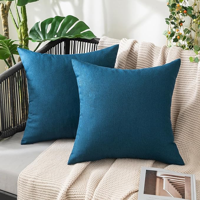MIULEE Pack of 2 Decorative Outdoor Solid Waterproof Throw Pillow Covers Euro Sham Faux Linen Garden Farmhouse Coastal Cushion Cases for Summer Patio Tent Balcony Couch Sofa 24x24 Inch Blue