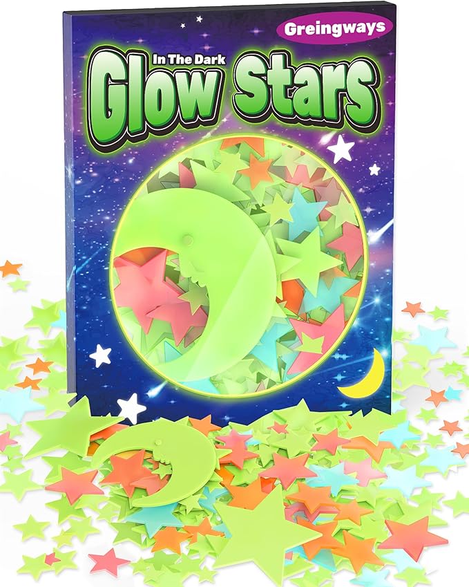 Greingways 201 Pcs Glow in The Dark Stars Stickers for Ceiling Bedroom, Stocking Stuffers for Kids Ages 3-5, 4-8, 8-12, Boys Girls Room Decor Wall Stickers Stocking Stuffers for Toddler-Multi