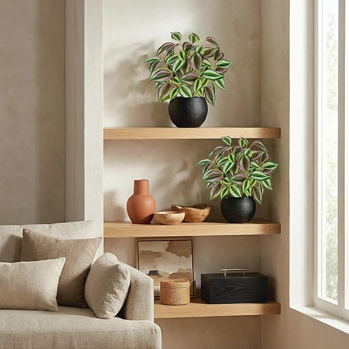 2 Packs Artificial Plants in Black Pot Tradescantia Zebrina Fake Plants Potted Decorative Faux Plant for Home Kitchen Decor
