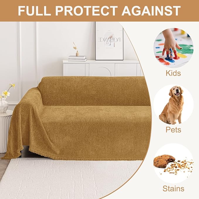 Smiry Couch Cover for Dogs, Washable Chenille Sofa Covers for 3 Cushion Couch, Soft Sofa Slipcover for Pets, Thick Sectional Furniture Protector with Tassels (Yellow, 88.5x134 Inch)
