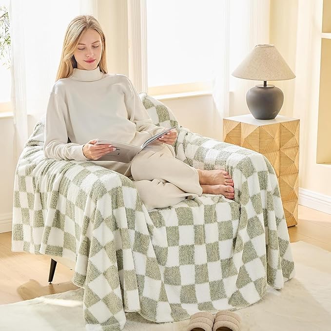 EMME Checkered Knit Blanket Soft Fluffy Patterned Throw Blankets for Couch, Sofa, Chair, Bed, Camping, Picnic, Travel Sage Green 50"x60"