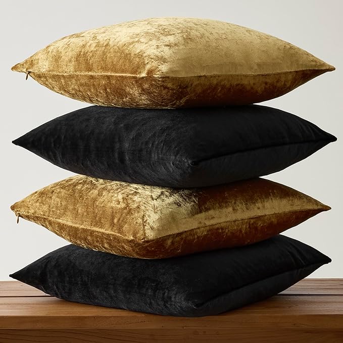 GIGIZAZA Pack of 4 Black Gold Pillow Covers,16x16 Velvet Throw Pillows Soft Covers Decorative Luxury Couch Square Pillow Covers Modern Living Room Cushion Covers