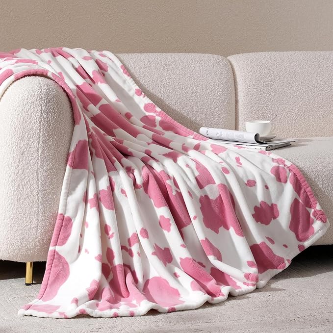 Cozy Bliss Cow Print Throw Blanket for Bed - Fuzzy Thick Soft Warm Fleece Blankets for Couch & Bed, for Women Men Girls Kids, Pink Large King Size 120"*100"