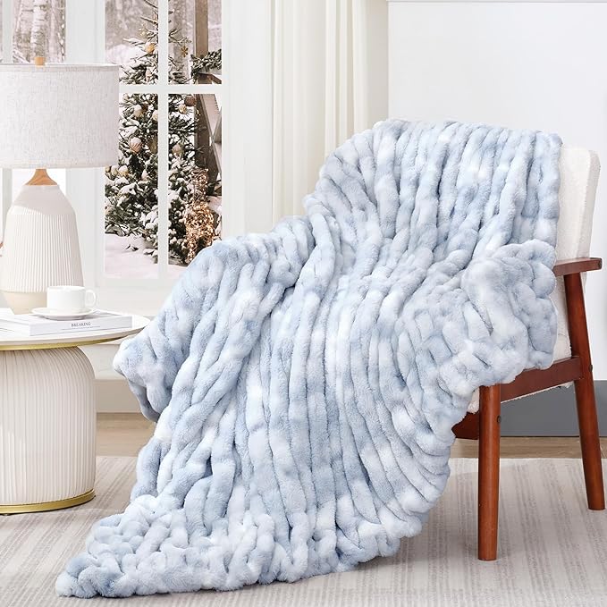 Touchat Ruched Faux Rabbit Fur Throw Blanket, 700 GSM Luxury Dual-Sided Soft Cozy Blanket, Fuzzy Fluffy Plush Blanket for Bed, Couch and Sofa - 50"x60", Tie-dye Blue