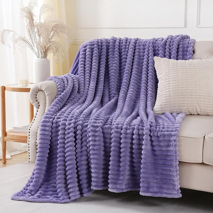 Lavender Throw Blanket for Couch Sofa 60x80 inches Striped Fleece Blankets Room Home Decor Lightweight Plush Soft Cozy Gifts for Women Mom Girls