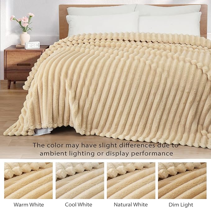 Exclusivo Mezcla King Size Flannel Fleece Blanket, Super Soft Striped Jacquard Bed Blanket, Lightweight Fuzzy Cozy for All Seasons, 90x104 Inches, Beige