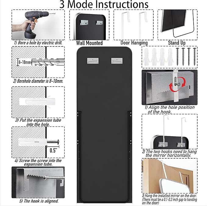 57x20 Door Hanging Full Length Mirror, Floor (Height 5.7ft just Body in 1.3ft) or Wall Mounted Metal Frame Rectangle Dressing Mirrors for Bedroom Bathroom Living Room 57 inch Silver