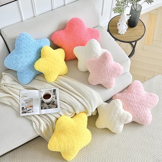 Star Pillow, 19.7" Star Shaped Plush Pillow for Couch Bed Sofa, Cute Decorative Throw Pillows with Soft Faux Fur Room Decor for Bedroom Living Room (White)