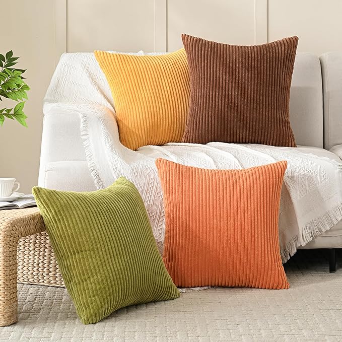 Volcanics Set of 4 Fall Orange Corduroy Decorative Throw Pillow Covers 18x18 Inch, Modern Yellow Green Gradient Couch Pillow Covers, Rustic Western Striped Cushion Covers for Bed Sofa Living Room