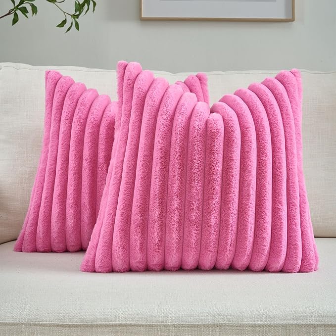 FUTEI Hot Pink Decorative Throw Pillow Covers Set of 2, 18x18 Inch Soft Fluffy Faux Fur Plush Striped Cushion Cases, Modern Home Decor for Couch Bed Living Room