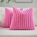 FUTEI Hot Pink Decorative Throw Pillow Covers Set of 2, 22x22 Inch Soft Fluffy Faux Fur Plush Striped Cushion Cases, Modern Home Decor for Couch Bed Living Room